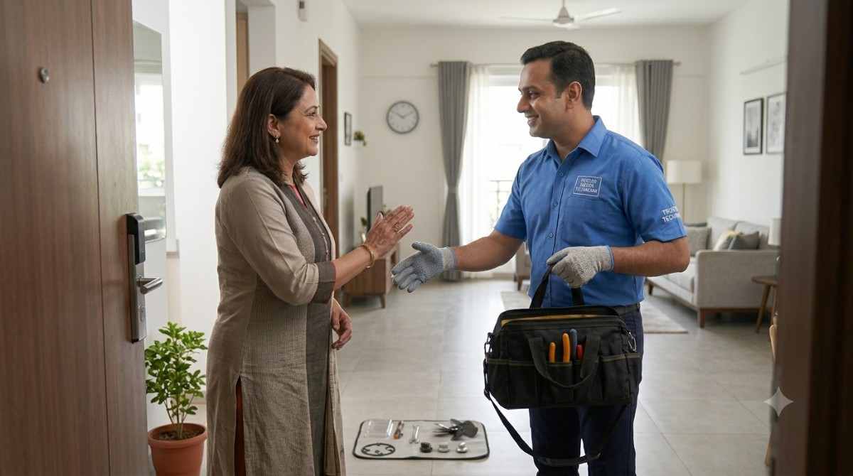 Technician arriving at a customer's flat with a repair kit