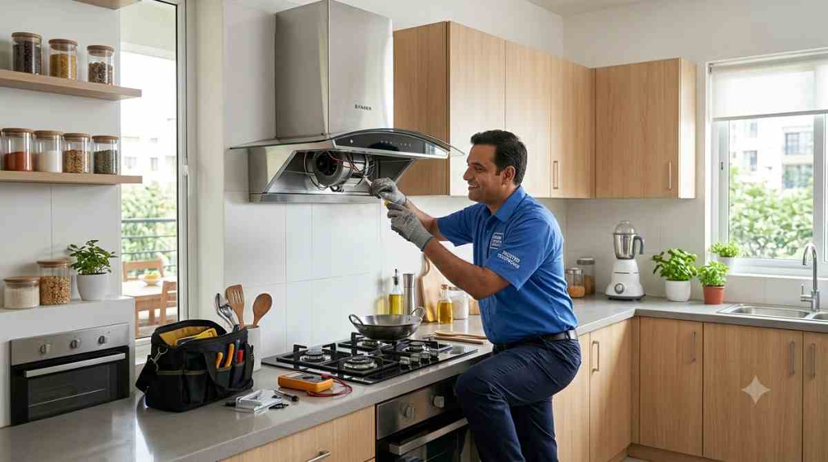 Technician repairing a kitchen chimney at a customer's home