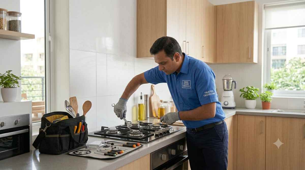 Gas hob burner being inspected for an ignition fault