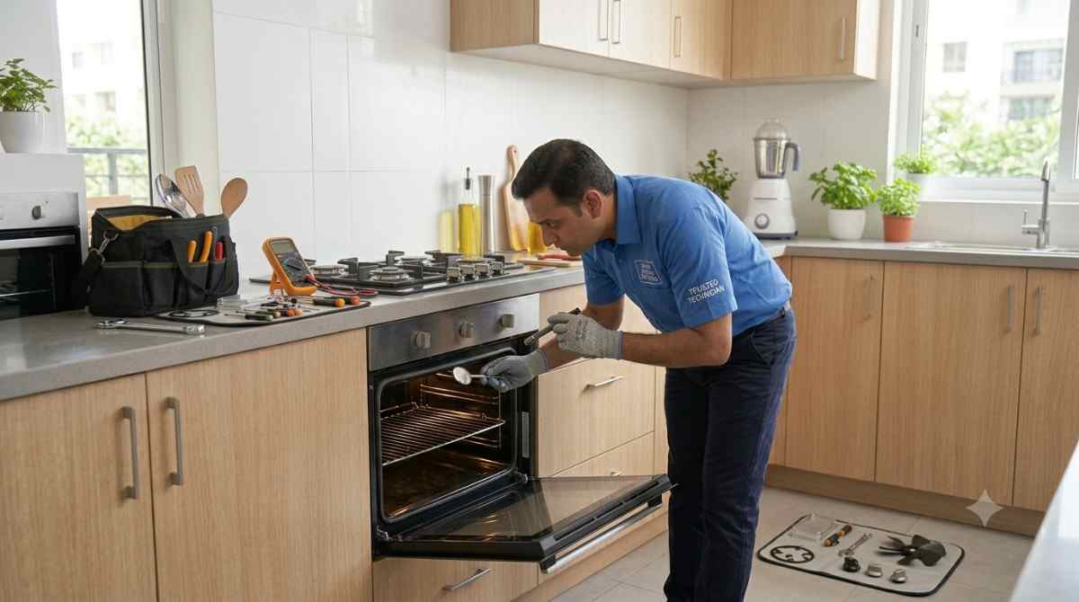 Built-in oven interior being checked for a heating fault