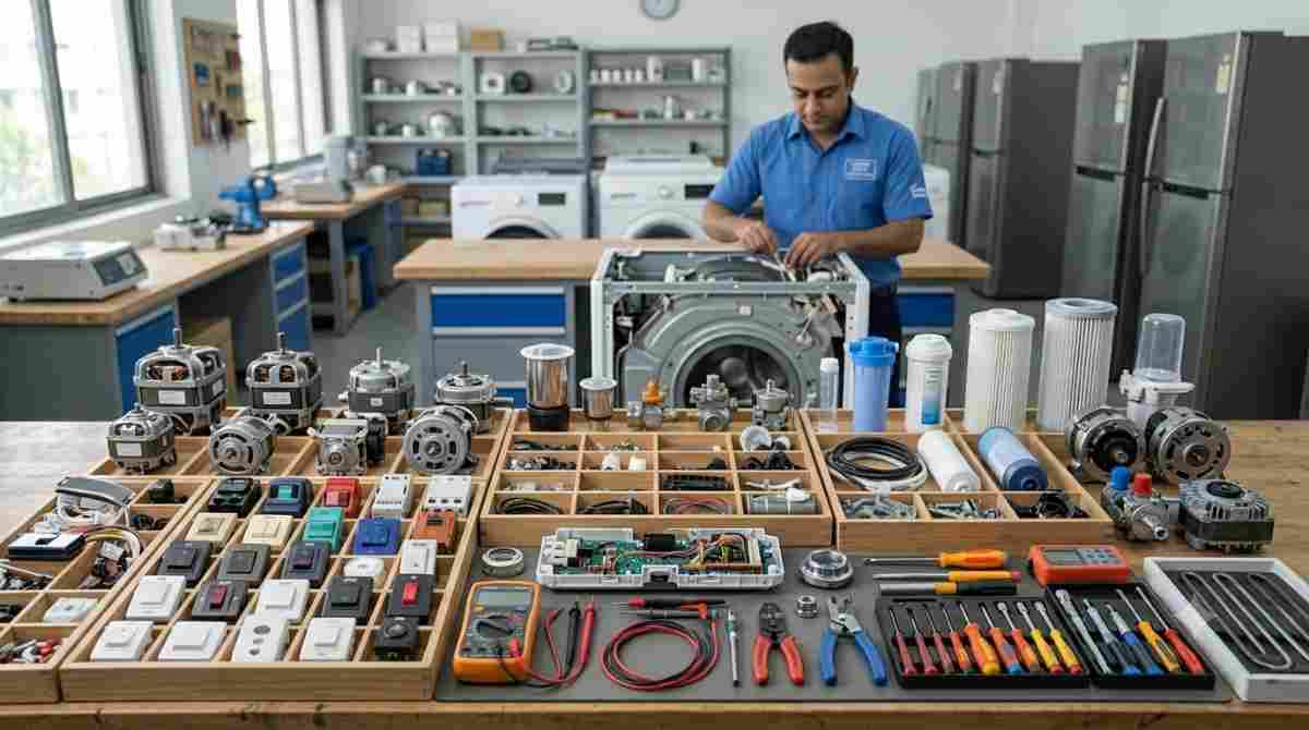 Quality-tested spare parts laid out before a repair